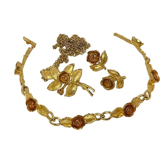 AVON Gold-tone Jewelry Set Rose Detail Necklace Brooch Bracelet Earrings